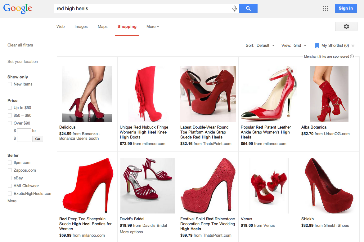 Wyniki wyszukiwania w zakładce Shopping na frazę „red high heels”